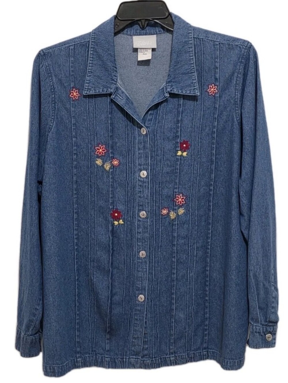 Vtg Blair Women's XL Blue Denim Shirt Embroidered Flowers Pintuck Button Up